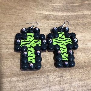 Lime Green & Black Zebra Clay Earrings.